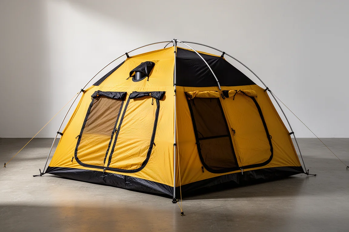 Large yellow and black dome hot tent pitched in a studio with guy lines and stove jack port