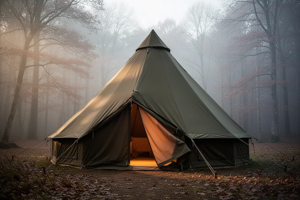 Large olive canvas tipi hot tent pitched in a misty forest clearing with warm light inside