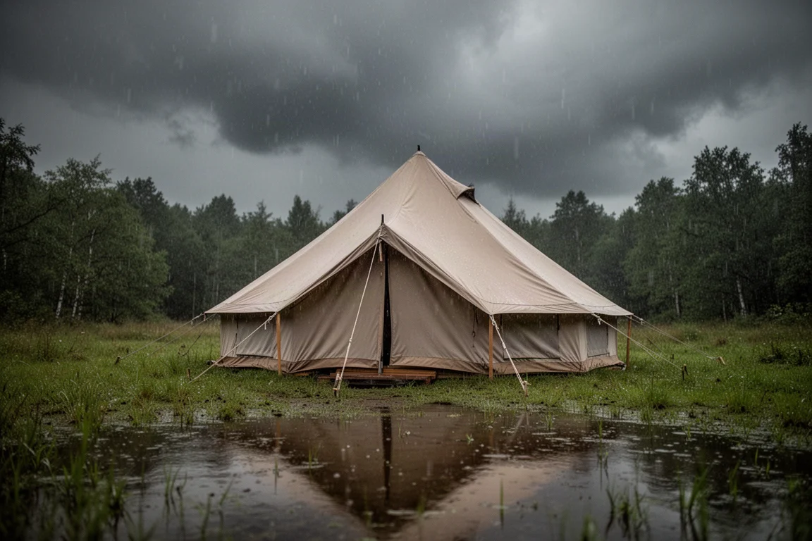Canvas-Zelt im Wald aufgebaut, während Regen unter dunklen Gewitterwolken fällt