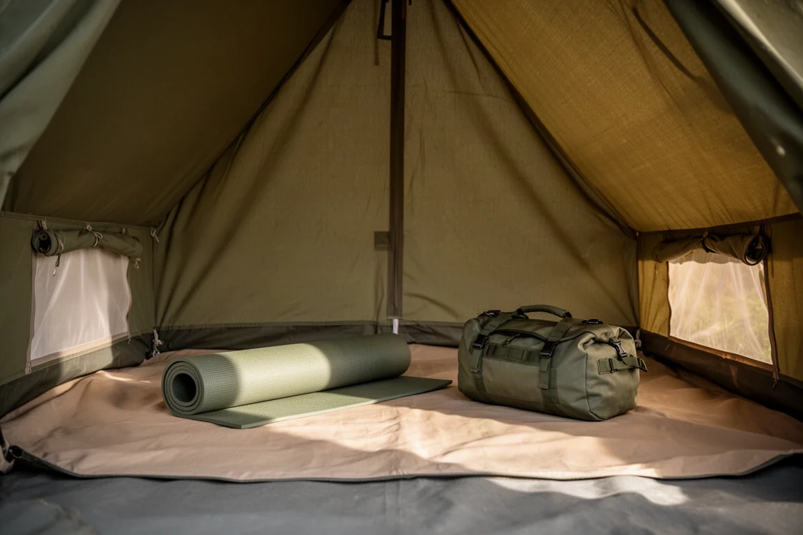 Trockenes Inneres eines Canvas-Zeltes mit Isomatte und Campingausrüstung auf dem Boden