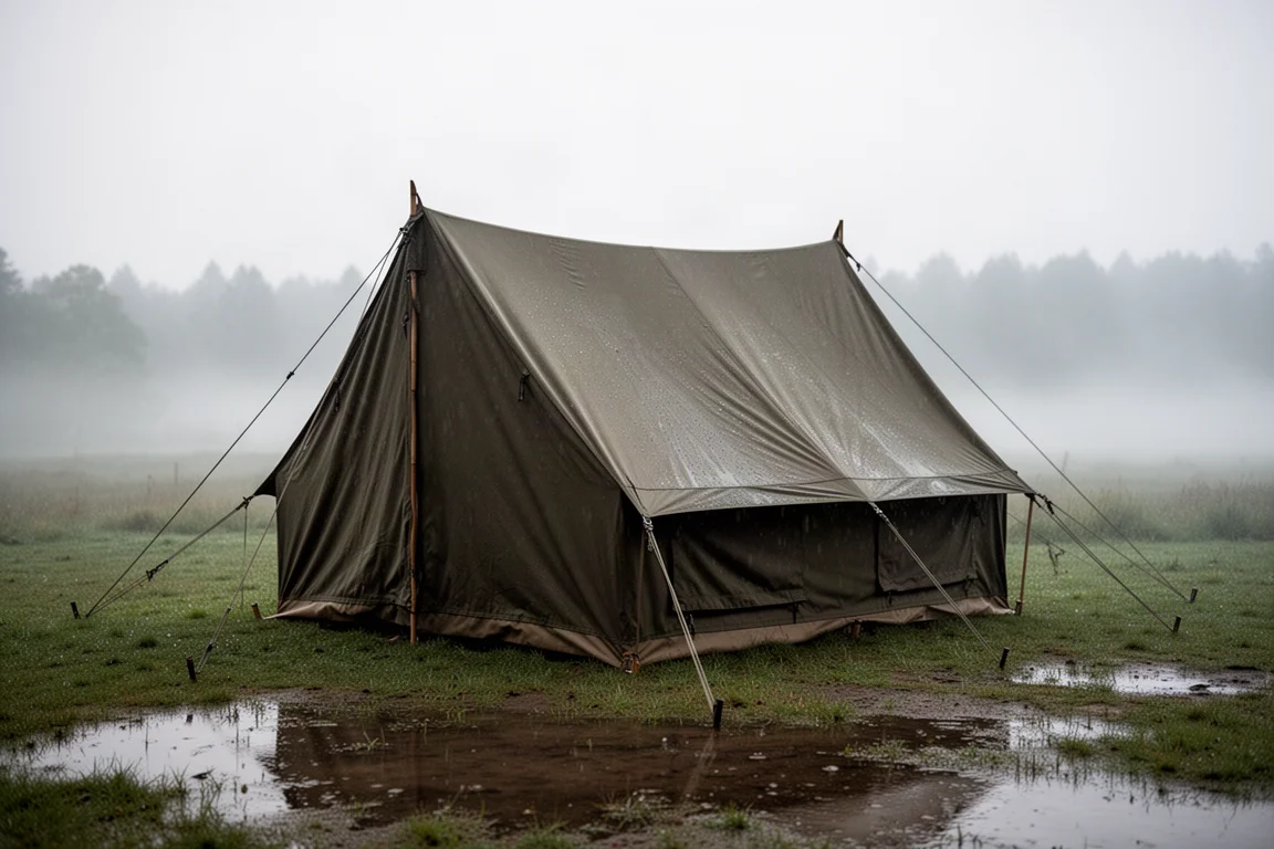 Olive canvas hot tent shelter pitched on a wet grassy clearing under overcast light