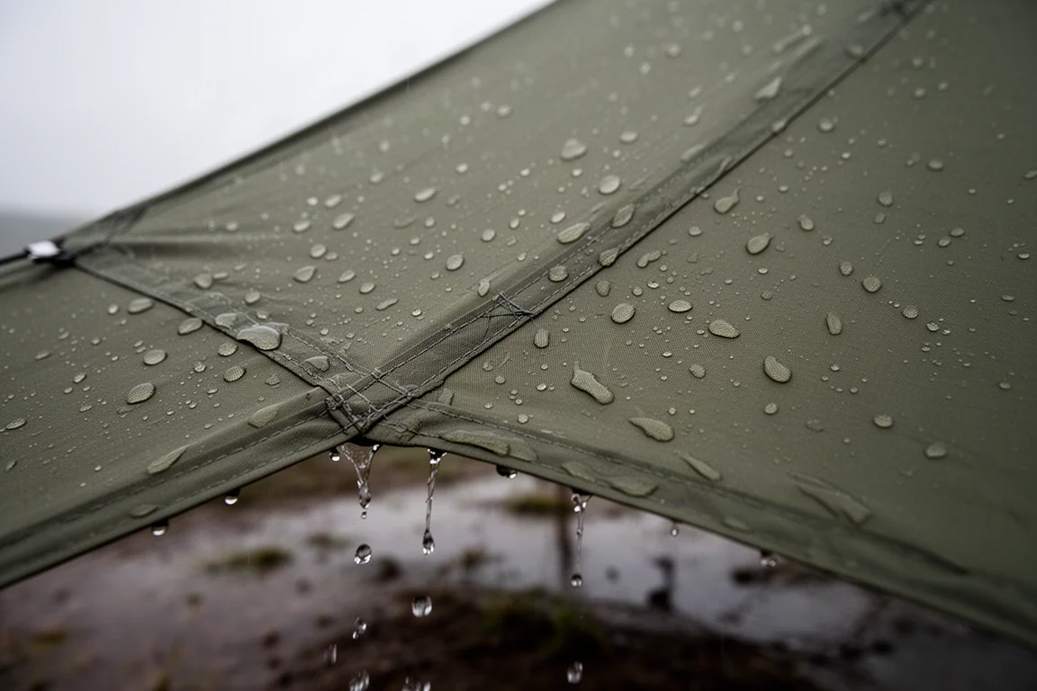 Krople deszczu perłami na napiętej oliwkowej tkaninie shelteru z widocznym szwem