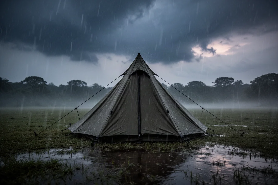 Stożkowy shelter campingowy stojący w silnym deszczu z wiatrem o zmierzchu