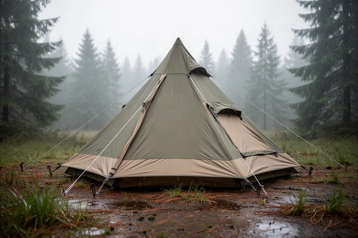 Olive conical camping shelter pitched on damp forest ground in light rain