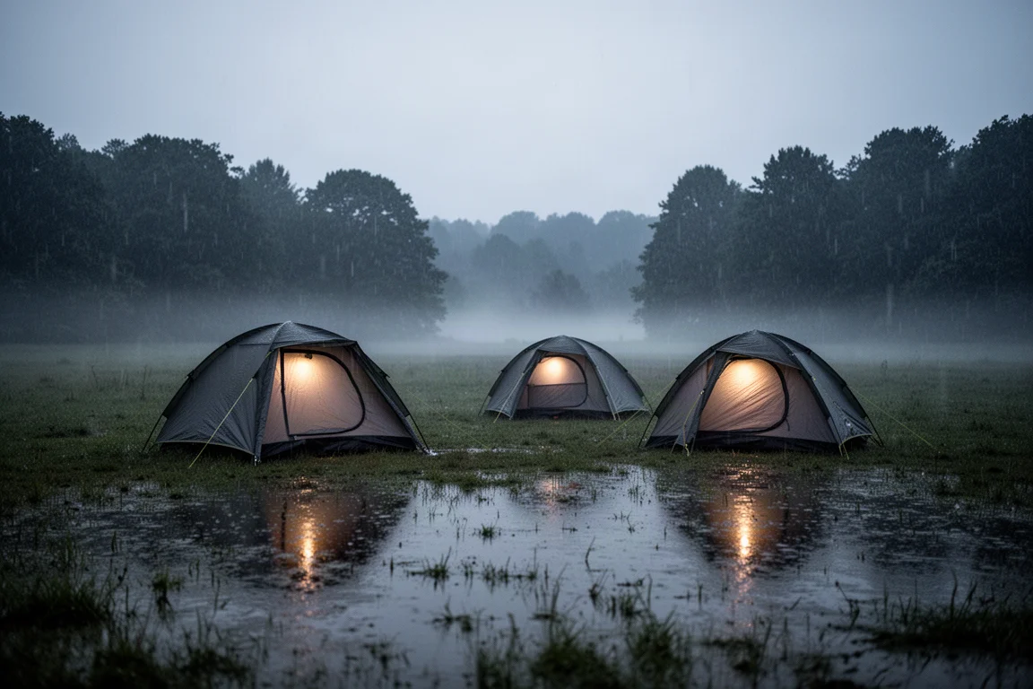 Duas barracas brilhando fracamente sob chuva constante ao anoitecer em um campo de camping molhado