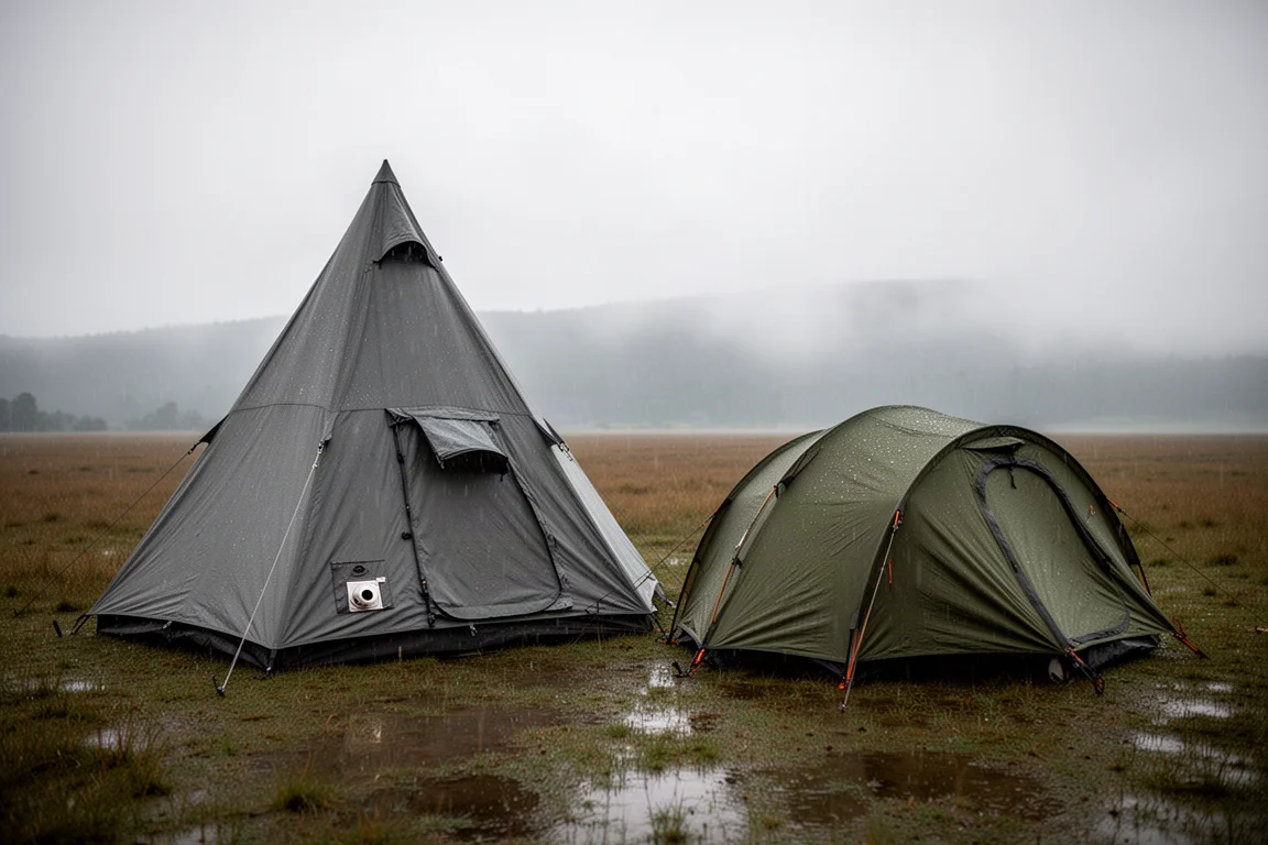 Two camping tents pitched side by side on wet grass under an overcast sky