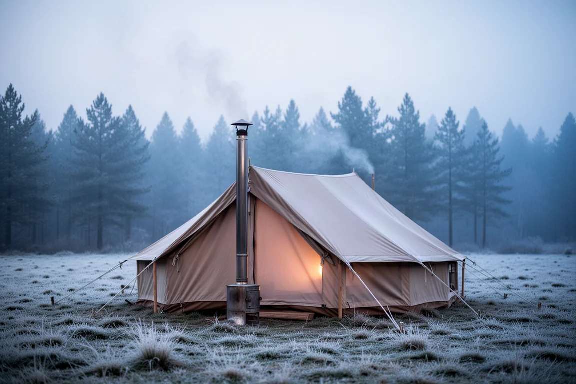 Conical hot tent pitched in a summer clearing with the door open showing a bug net