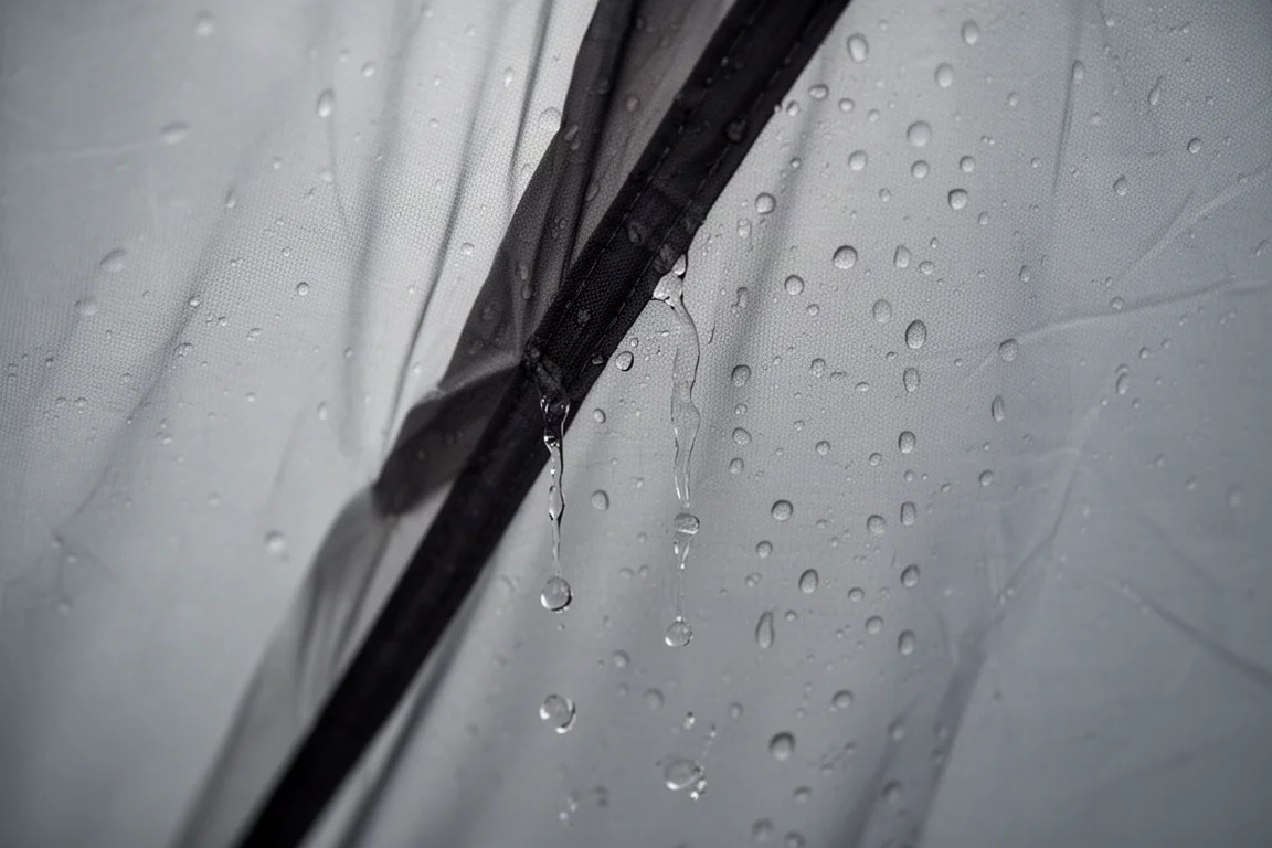 Heavy rain running down a tent wall at night with water pooling on wet ground