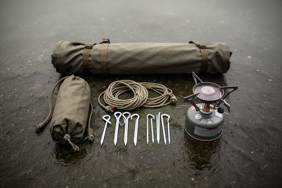 Close-up of a tent seam beside a covered vent flap with water along the stitching