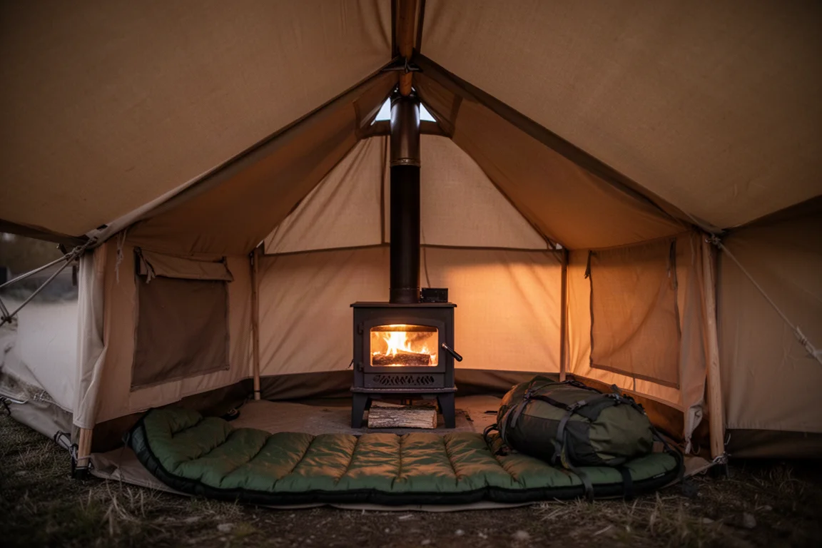 Intérieur d'une tente chaude en toile au crépuscule avec un petit poêle à bois qui rougeoie et un tuyau traversant la sortie de toit