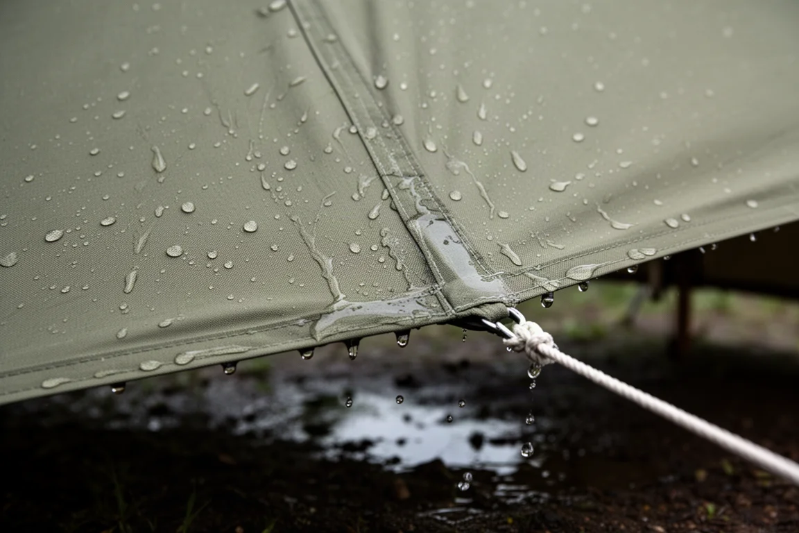 Pluie ruisselant sur une paroi de tente en toile tendue avec de l'eau qui s'accumule le long d'une couture