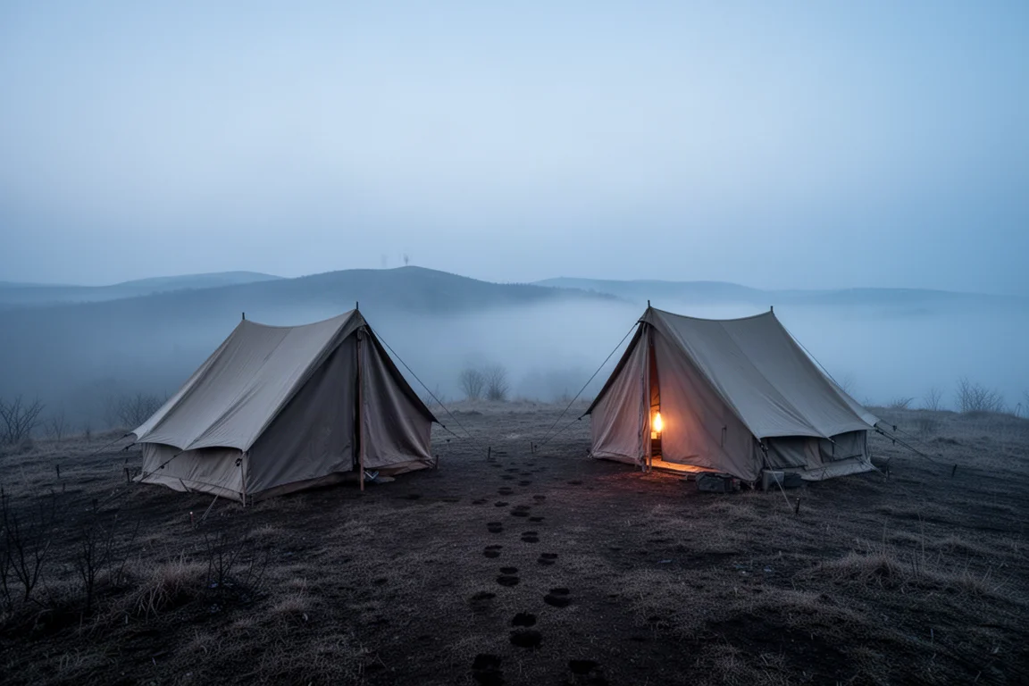 Campement par temps froid à l'heure bleue avec deux abris en toile montés et une brume basse au sol