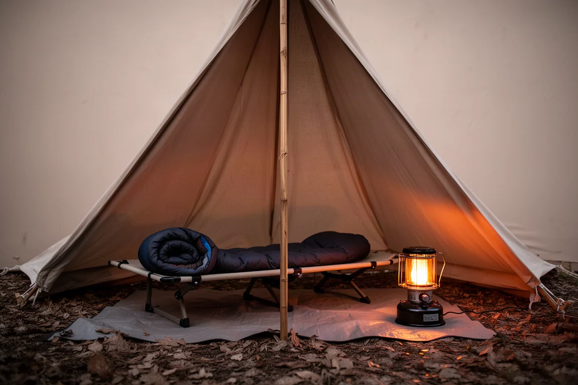Innenraum eines grossen Teepee-Zeltes in der Daemmerung mit Feldbett, Schlafsack und leuchtender tragbarer Heizung