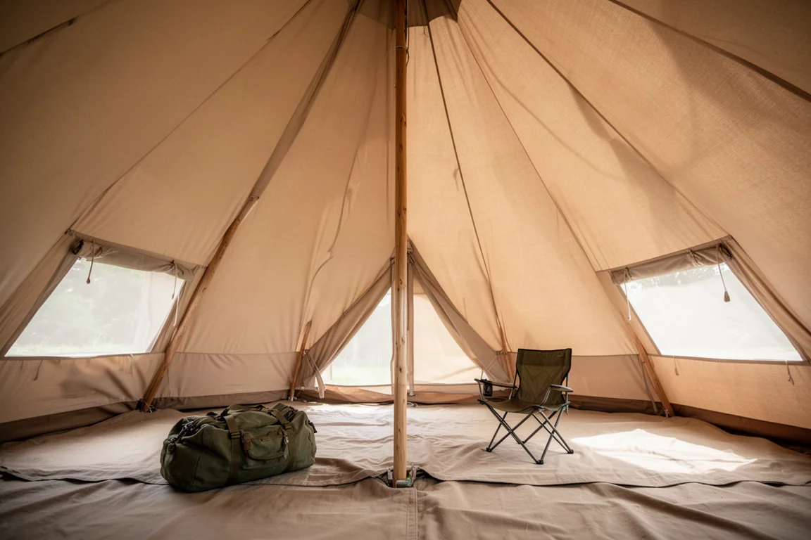 Weiter Innenblick in ein hohes Teepee-Zelt mit offener Bodenflaeche und Mittelstange