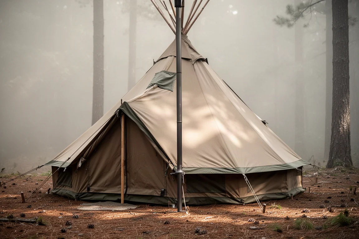 Duży stożkowy teepee hot tent rozstawiony na leśnym podłożu z wysokim centralnym masztem