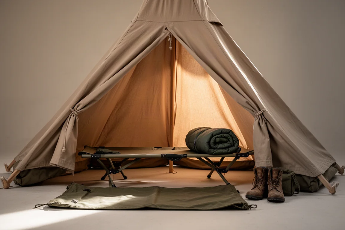 Interior de una gran tienda tipi de lona con una cama de campaña y un saco de dormir enrollado