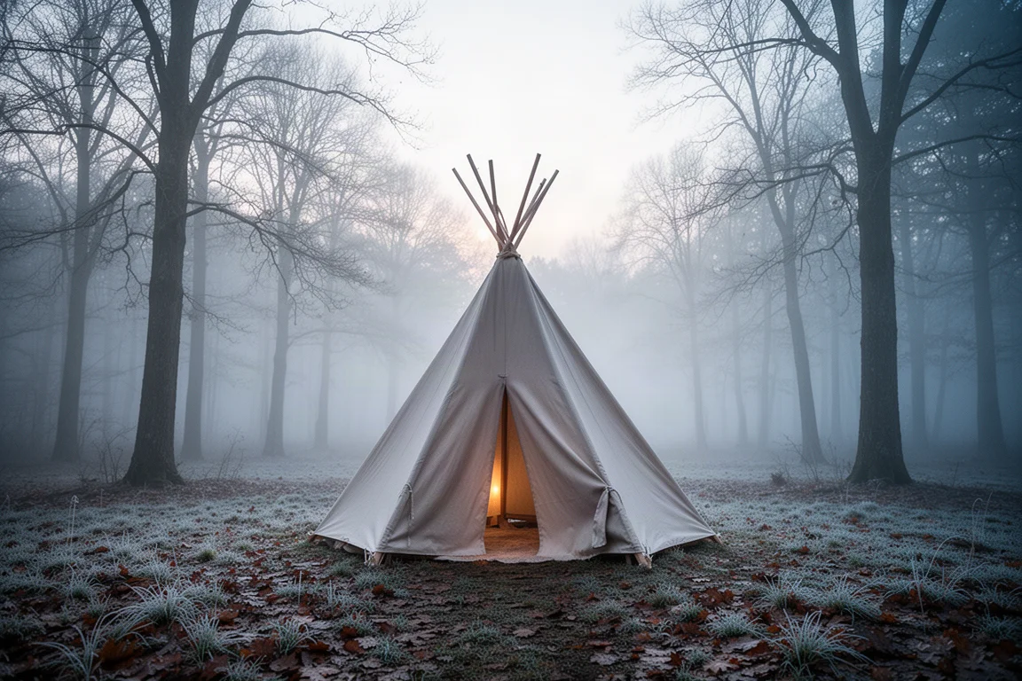 Tienda tipi de lona sola en un claro de bosque brumoso al amanecer