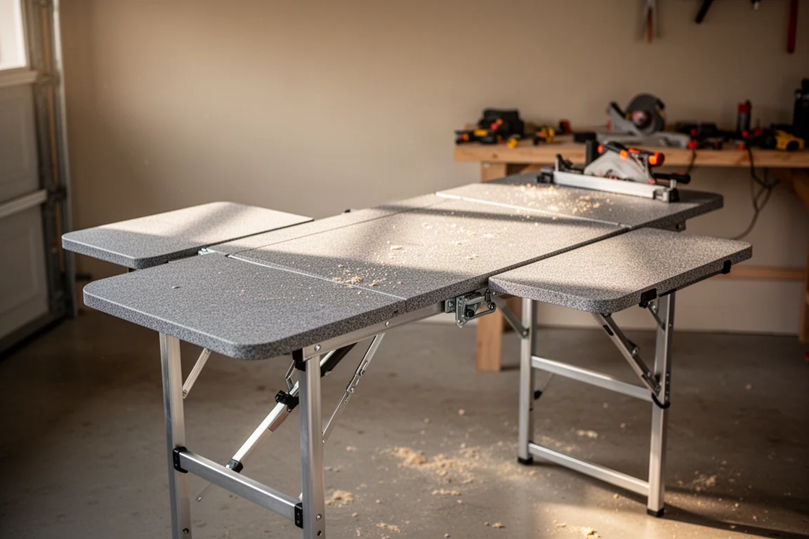 Folding worktable standing open in a workshop with wings extended