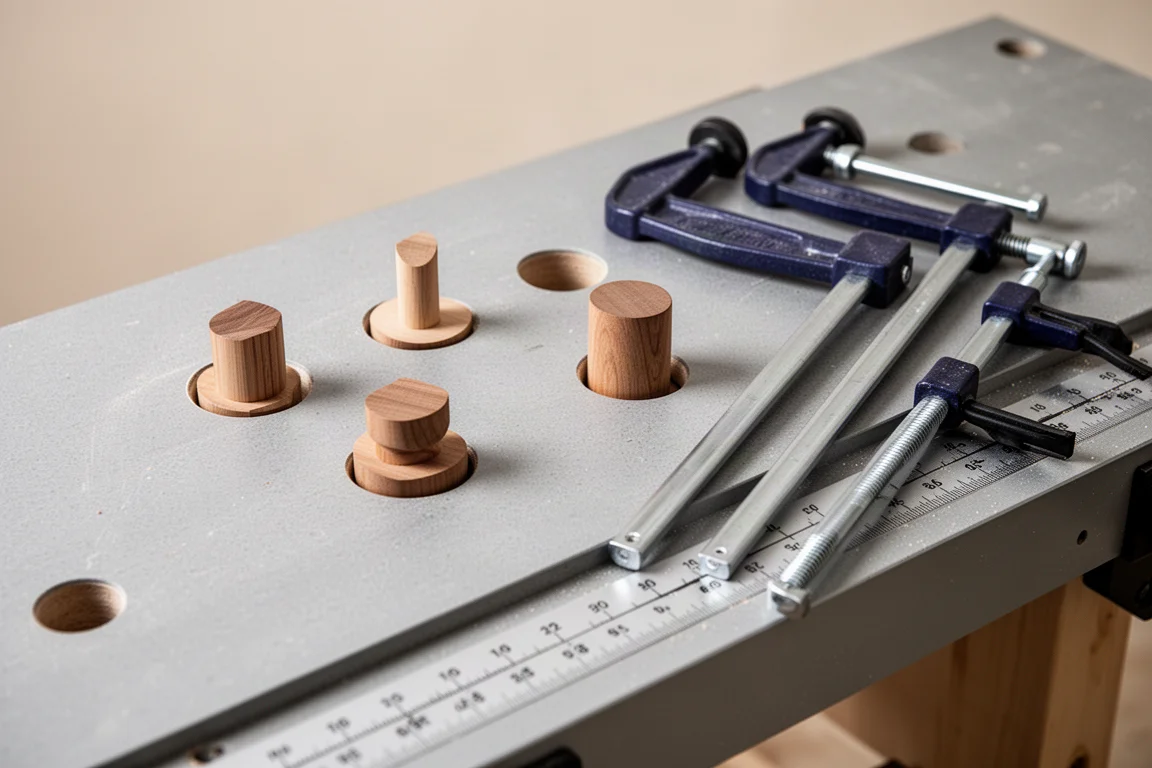 Bench dogs and bar clamps arranged on a worktable surface