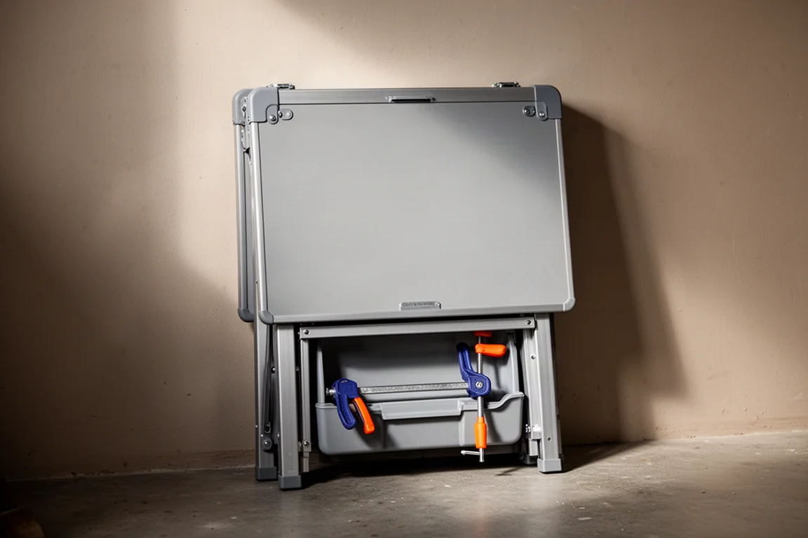 Folded worktable standing upright against a workshop wall