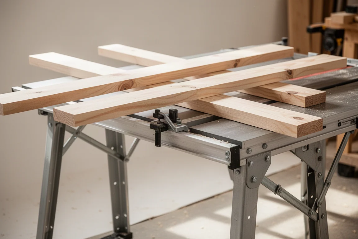 Worktable loaded with lumber being used as a sawhorse in a workshop