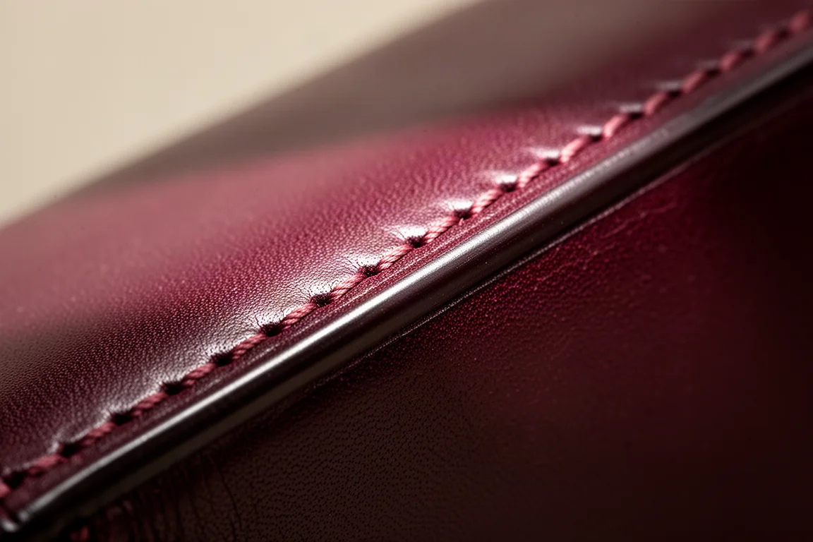 Nahaufnahme der handgenähten Ledertaschen-Kanten mit polierter, geglätteter Finish
