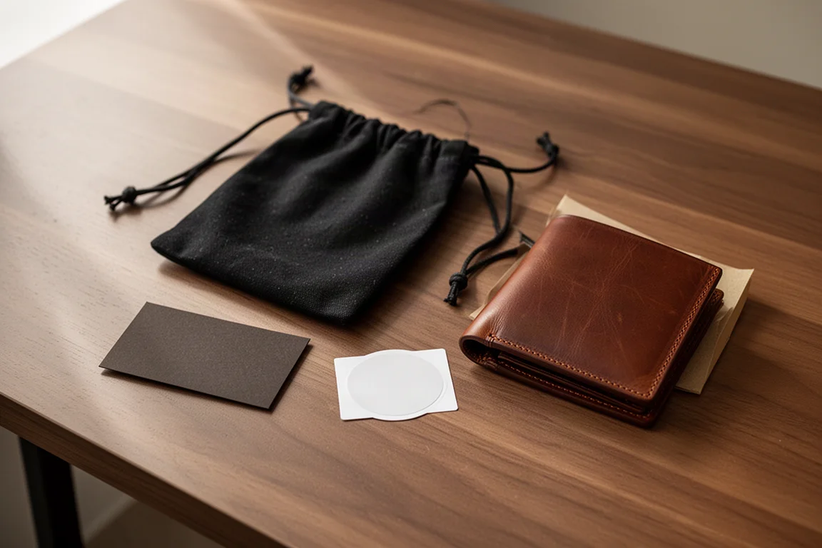 Unboxing scene with a leather wallet, fabric pouch, and informational card on a desk