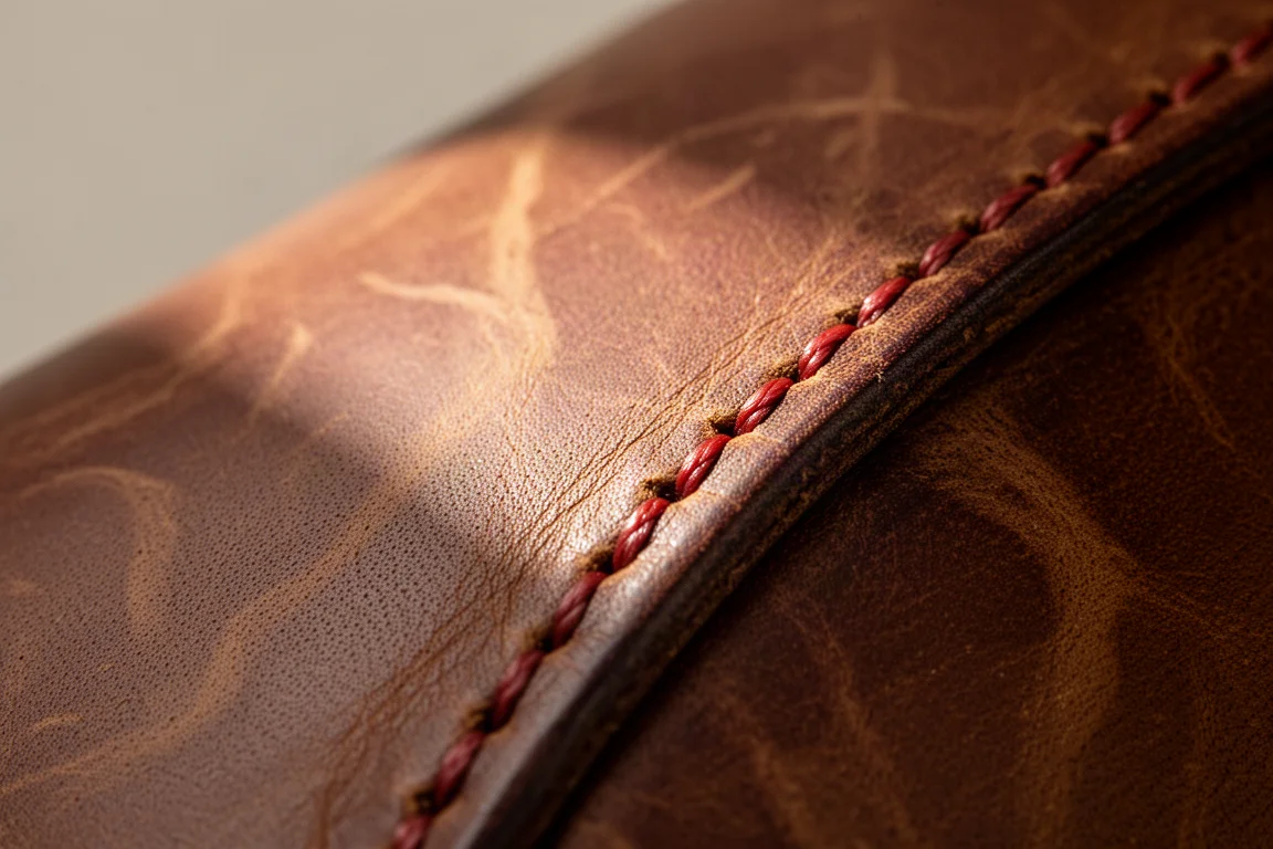 Close-up of full grain leather showing natural grain texture and red stitching