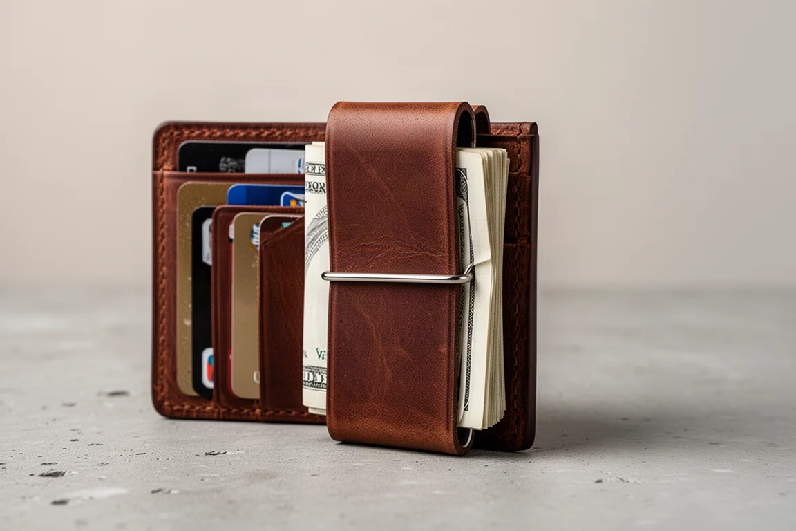 Wallet loaded with cards and folded bills held by a metal money clip