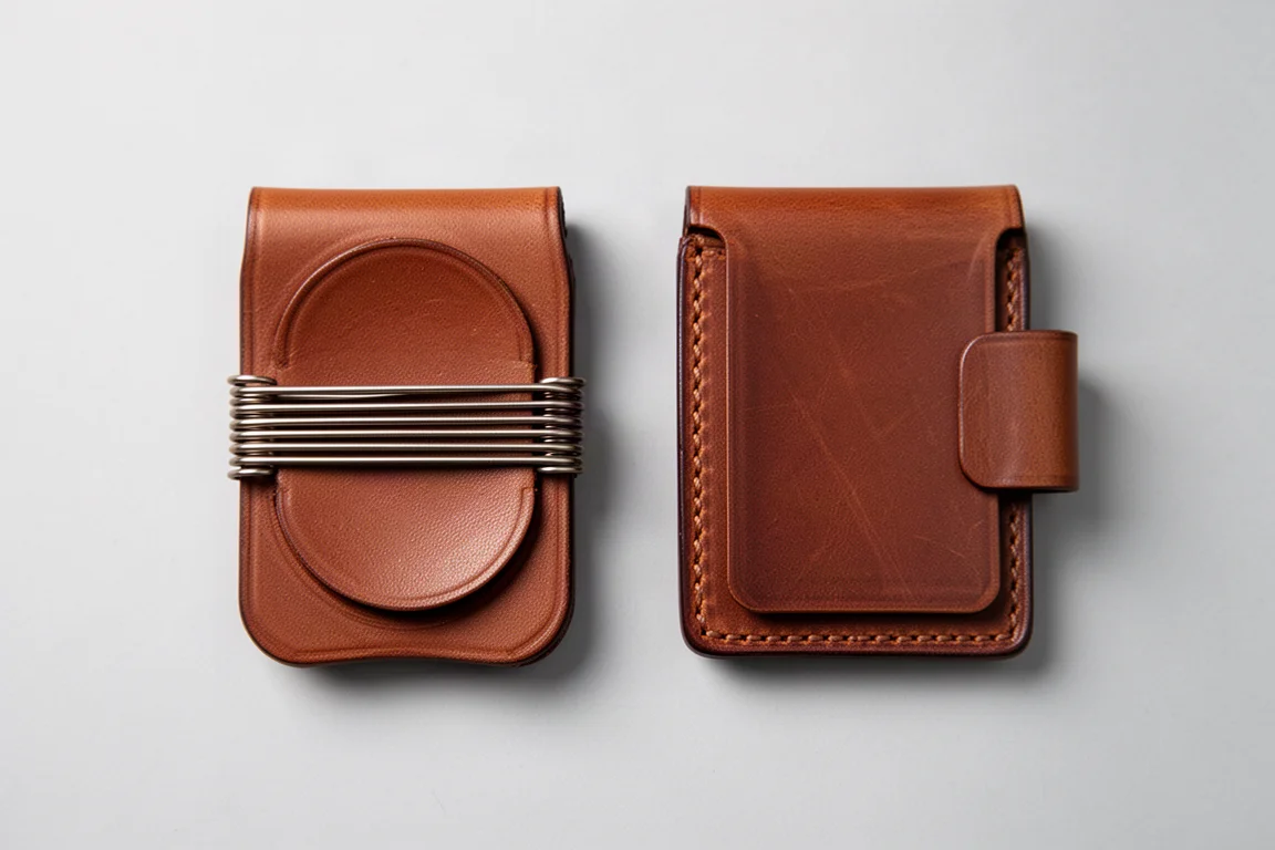 Two leather money clip wallets side by side for comparison on a neutral surface