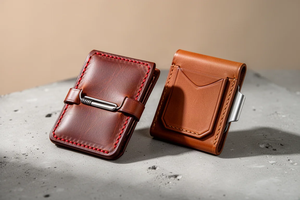 Two leather money clip wallets side by side on a concrete surface