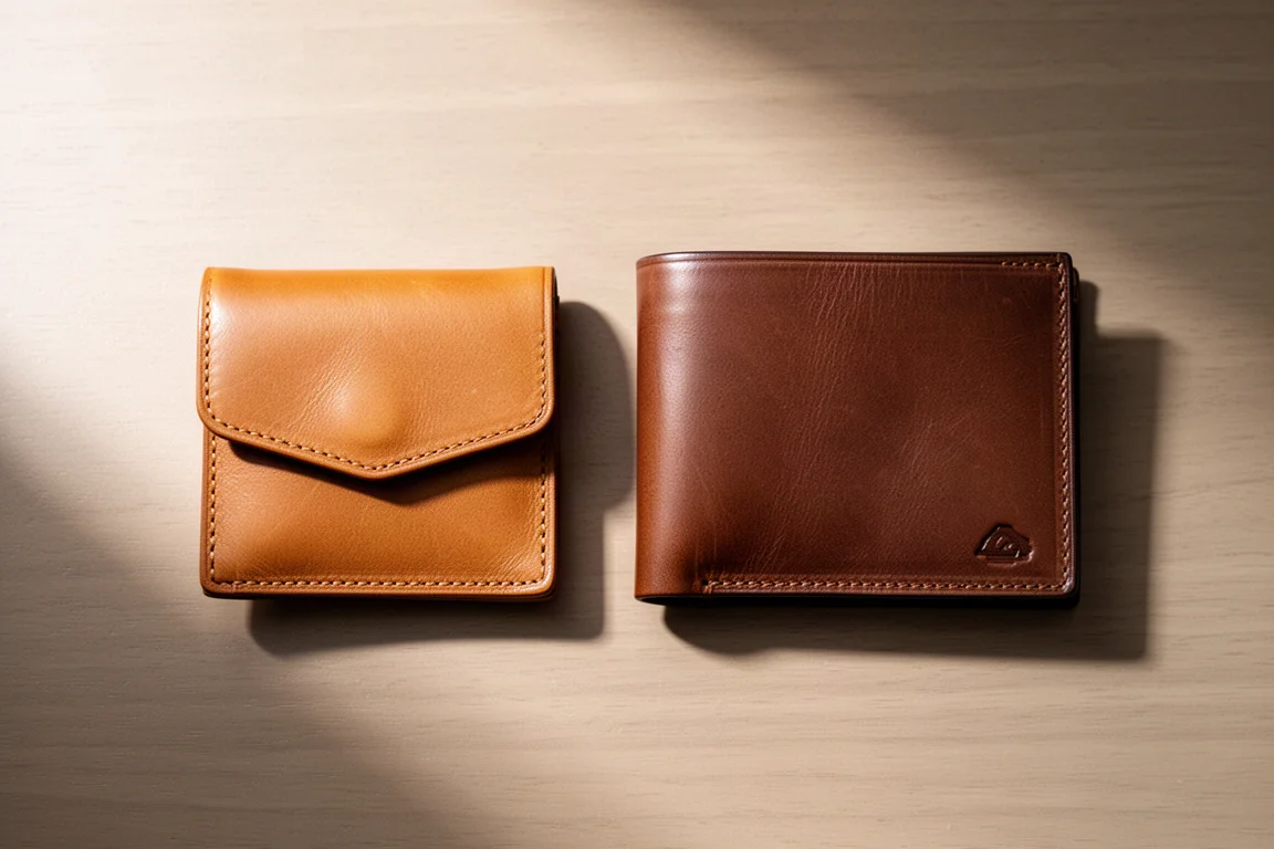 Petit portefeuille à rabat en cuir beige tenu à côté d'un portefeuille bifold standard pour comparaison de taille