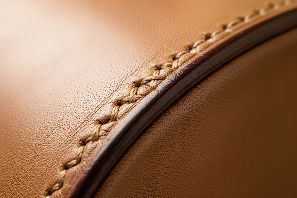 Gros plan sur la couture croisée à la main et le bord lustré d'un portefeuille en cuir beige