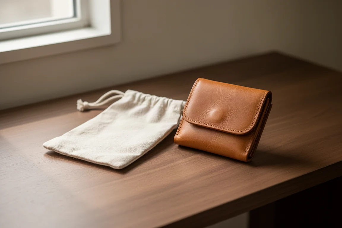 Portefeuille minimaliste en cuir et pochette de rangement en tissu sur un bureau en bois sous une lumière douce