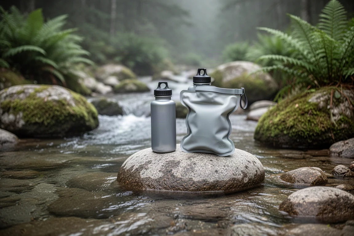 Butelki na wodę i składany pojemnik leżące na kamieniu nad strumieniem