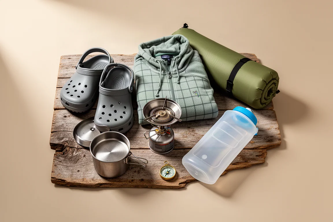Flat-lay of backpacking gear including camp shoes, fleece hoodie, stove, sleeping pad, and compass