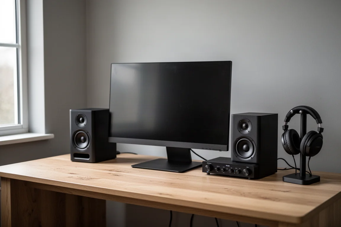 Due piccoli diffusori da scrivania neri ai lati di un monitor su una scrivania di legno ordinata