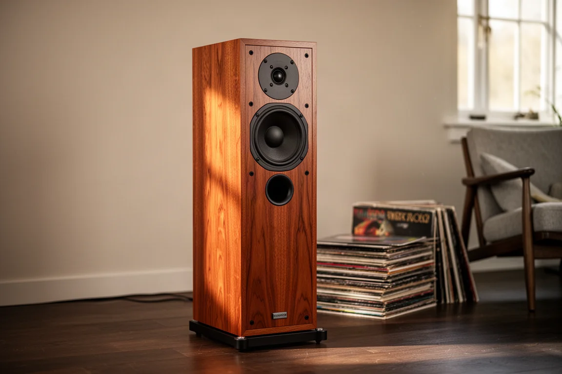 Diffusore heritage alto con impiallacciatura in legno in una sala d'ascolto con dischi in vinile nelle vicinanze