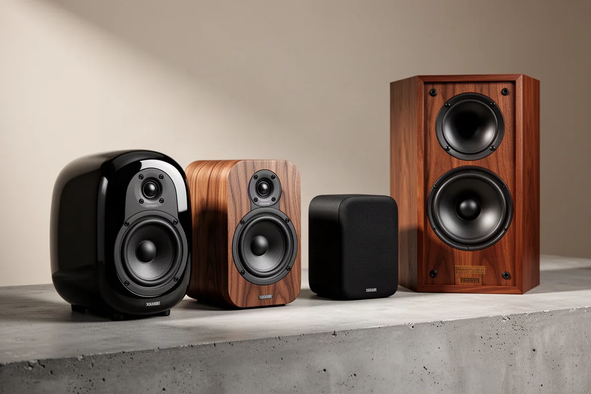 A row of four compact bookshelf speakers in different finishes on a concrete surface