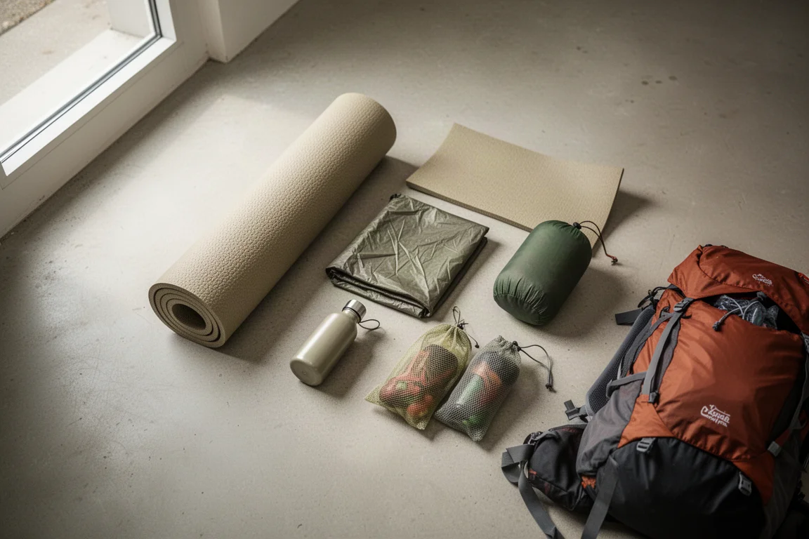 Flat-lay dall'alto di attrezzatura ultralight da backpacking ordinata su un pavimento di cemento chiaro