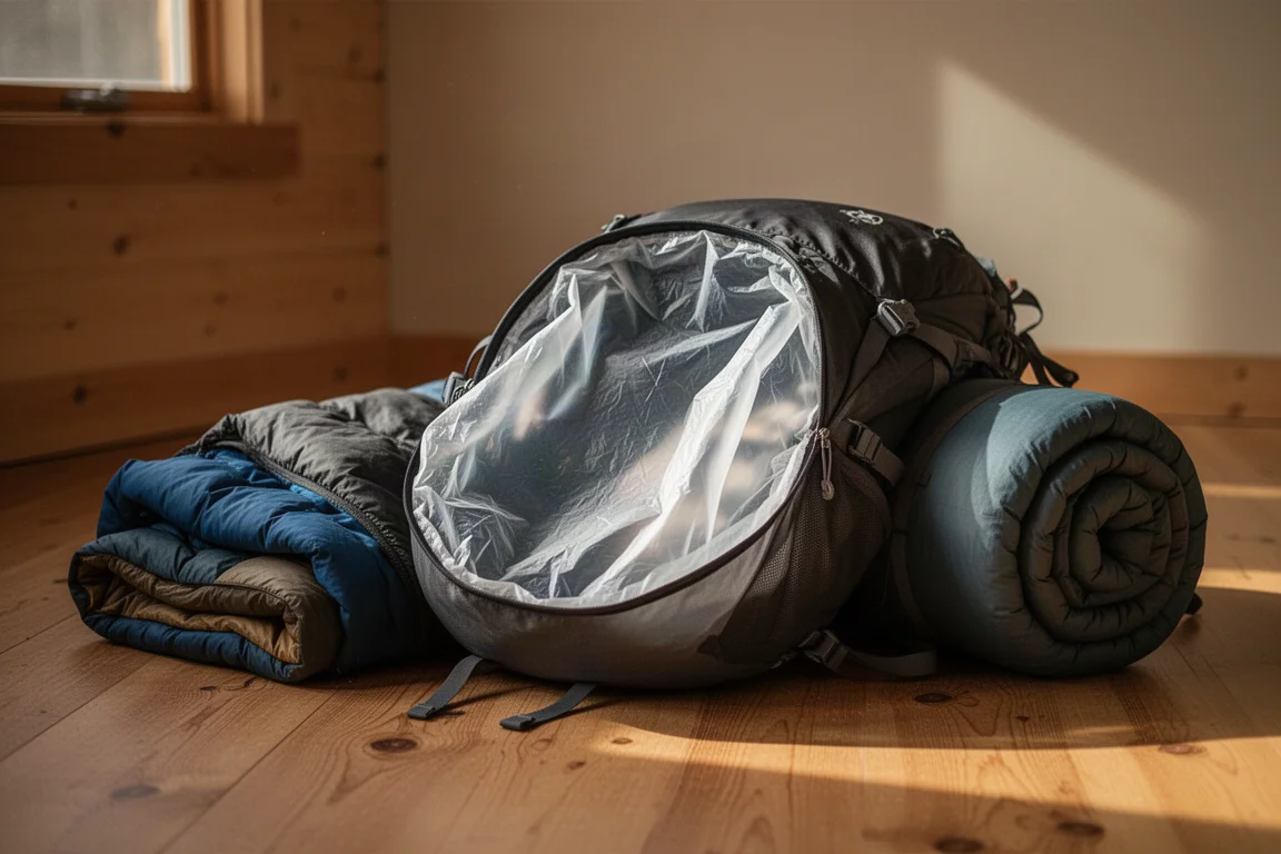 Sottile fodera trasparente per lo zaino posizionata all'interno di uno zaino ultralight su un pavimento in legno