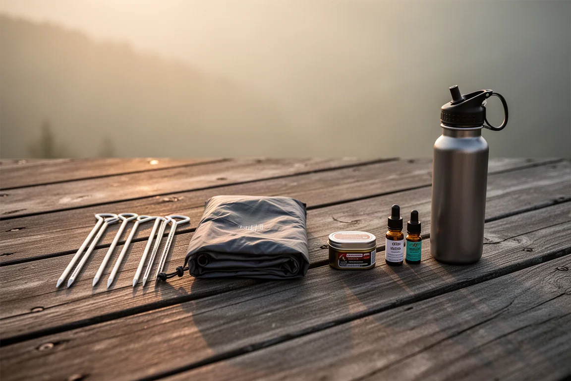 Kit da backpacking disposto in file su una terrazza in legno consumata al sorgere del sole