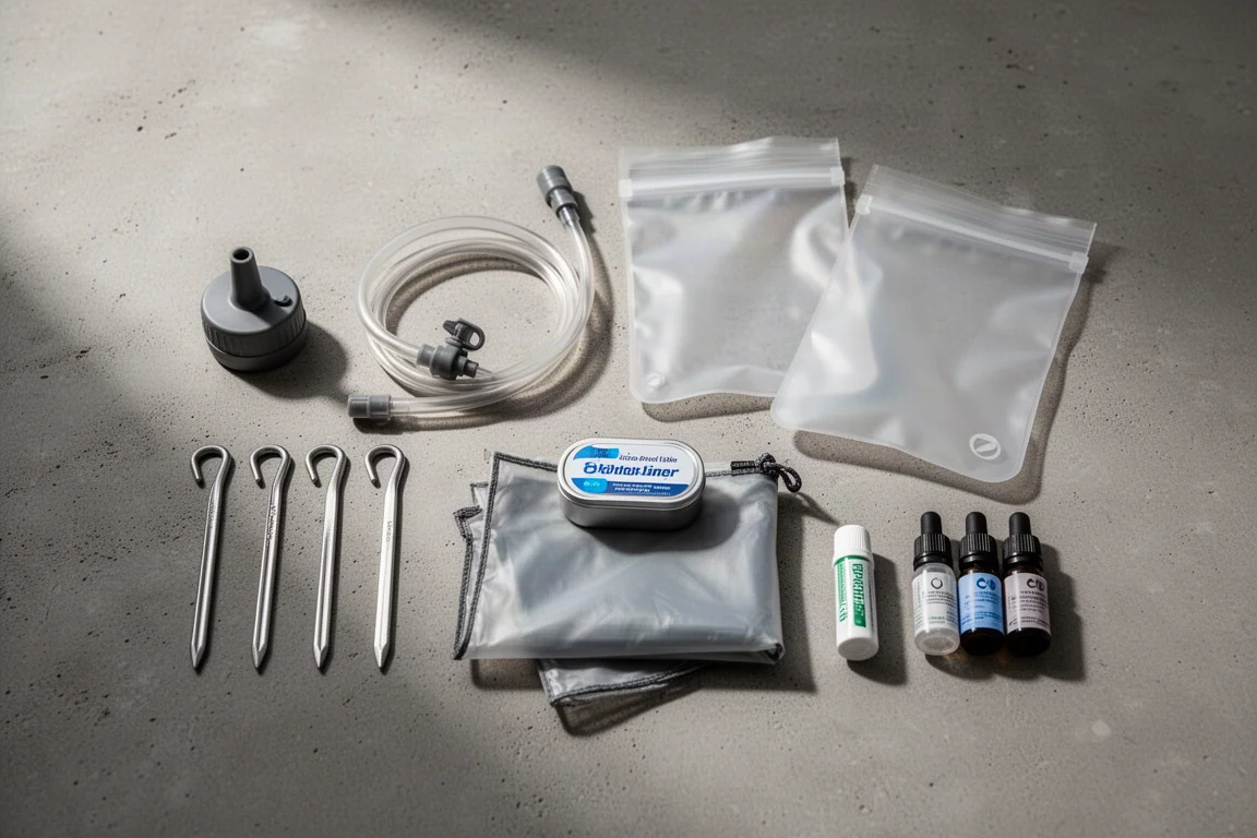 Ultralight backpacking accessories arranged overhead on a matte concrete surface
