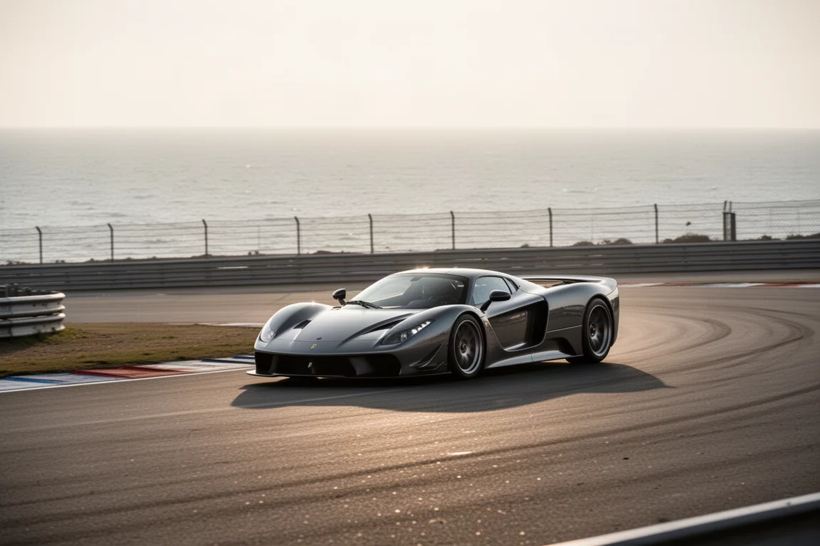 Mid-engined sports car cornering hard on a coastal circuit