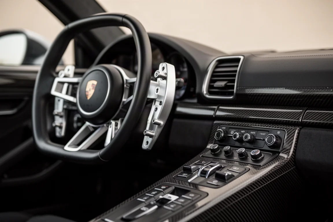 Close-up of steering wheel paddle shifters and centre console controls