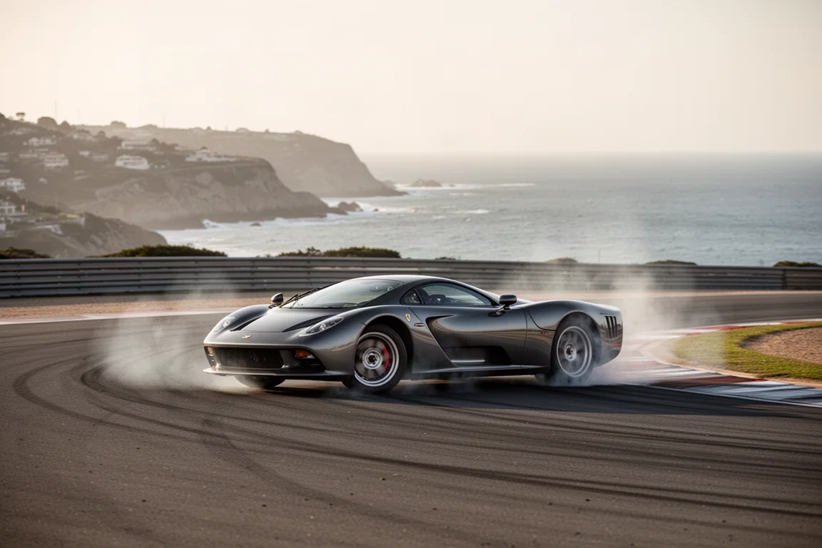 Sports car sliding through a corner with rear wheels feathering the edge of grip