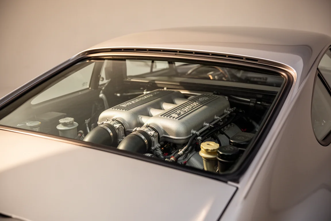 Rear-mounted engine visible through a rear glass panel in soft light