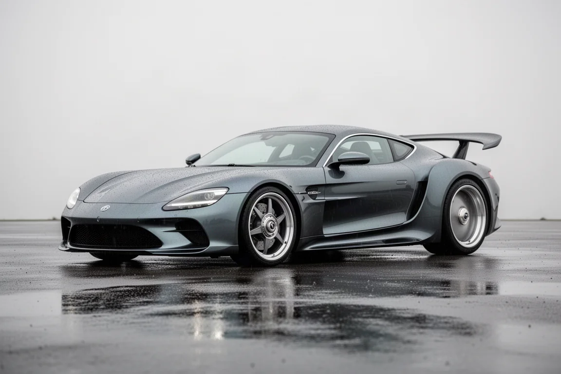 Low mid-engine performance coupe with rear wing parked on wet tarmac
