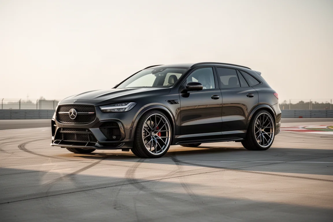 High-performance SUV with large alloy wheels parked on a concrete test circuit