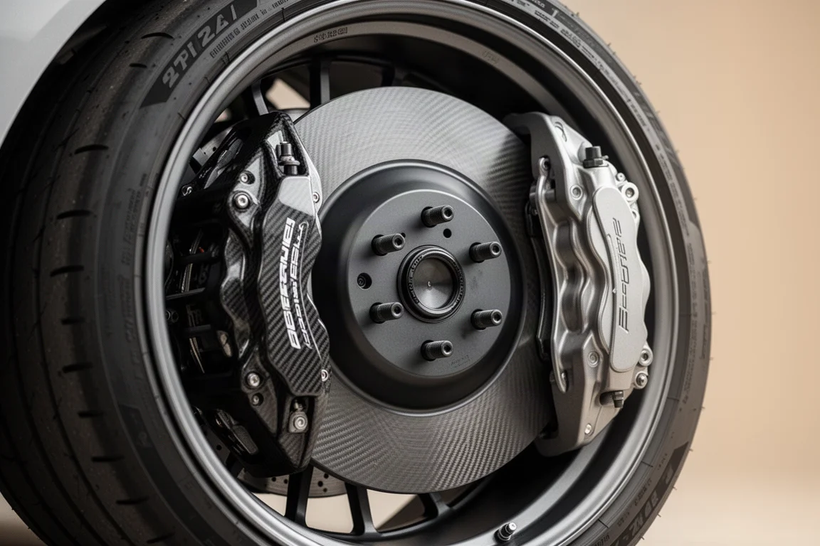 Close-up of a carbon ceramic brake disc and red caliper behind a large alloy wheel